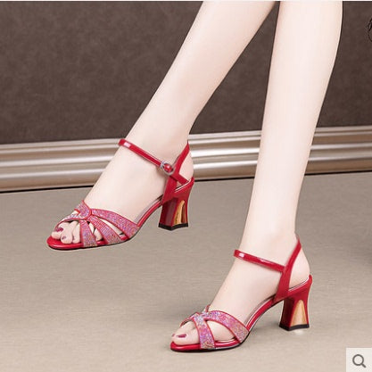 Woven Thin Strap Rhinestone Sandals Women's Chunky Heel