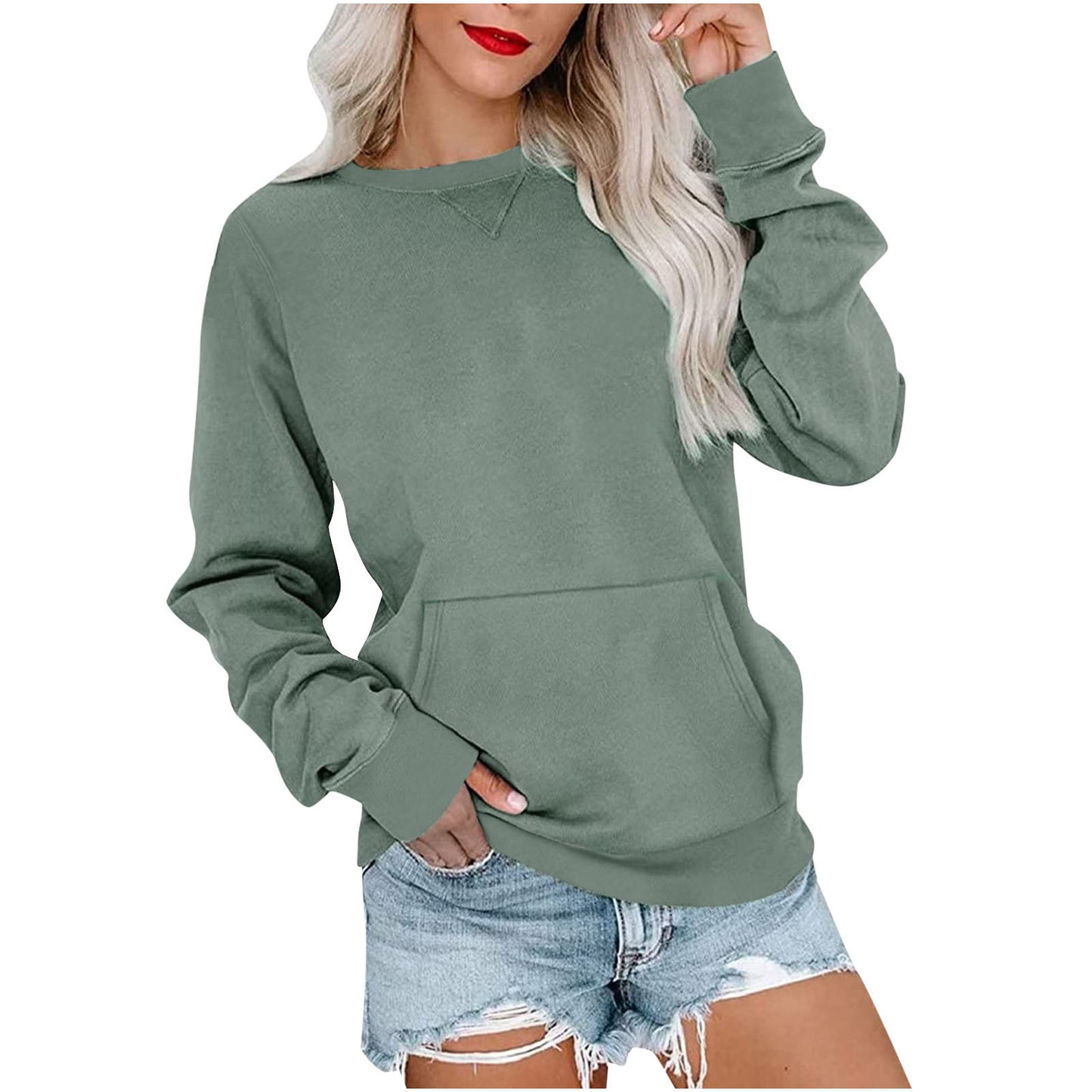 Ensfarvet pullover sweatshirt med lomme moderigtig løs rund hals langærmet top dametøj