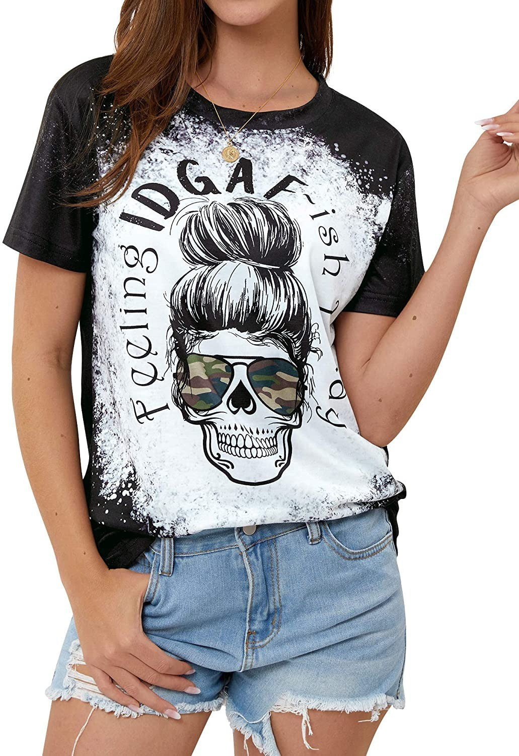 Skull Print Crew Neck Short Sleeve Blouse