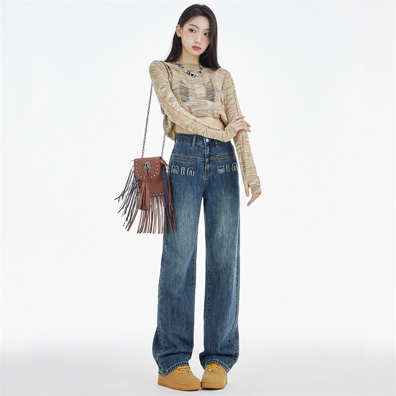 Dame Straight Jeans Mørkeblå Broderede Bogstaver
