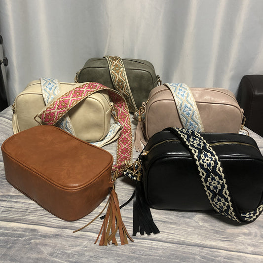 Fashion Tassel Bag Ethnic Jacquard Cotton Wide Shoulder Strap
