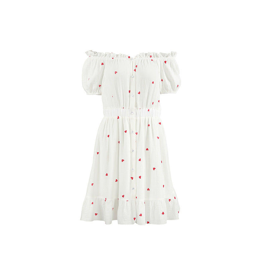Off-shoulder Hjerteprint Blomstret Cardigan Med Flæsekant Ren Bomuld Loungewear Natkjole Til Kvinder
