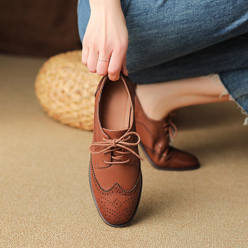 Womens British-style Lace-up Low-heeled Peep-toe Shoes