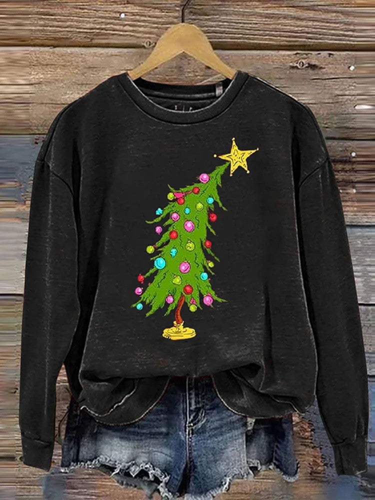 Halsudskæring, juleprint, sweatshirt til damer
