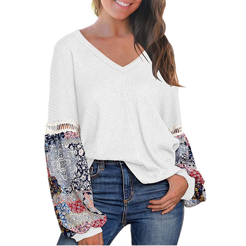 New European And American Autumn And Winter V-neck Waffle Loose Printed Long-sleeved T-shirt