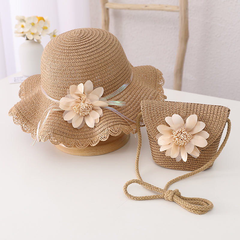 Children's Summer Sunshade Flower Princess Straw Hat Backpack Set