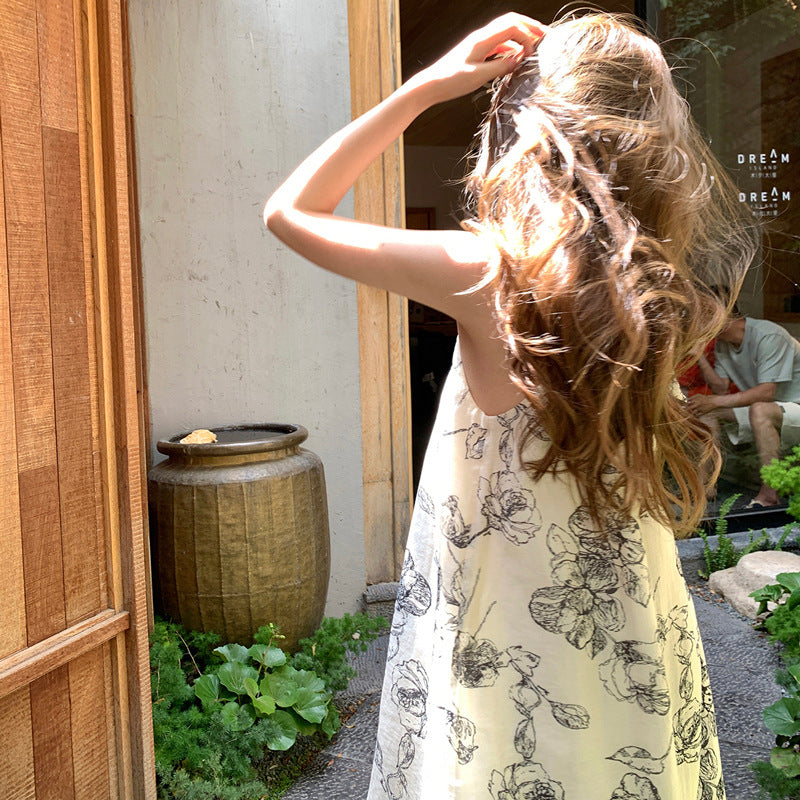 Womens Chinese-style Floral Slip Dress With Neck Strap