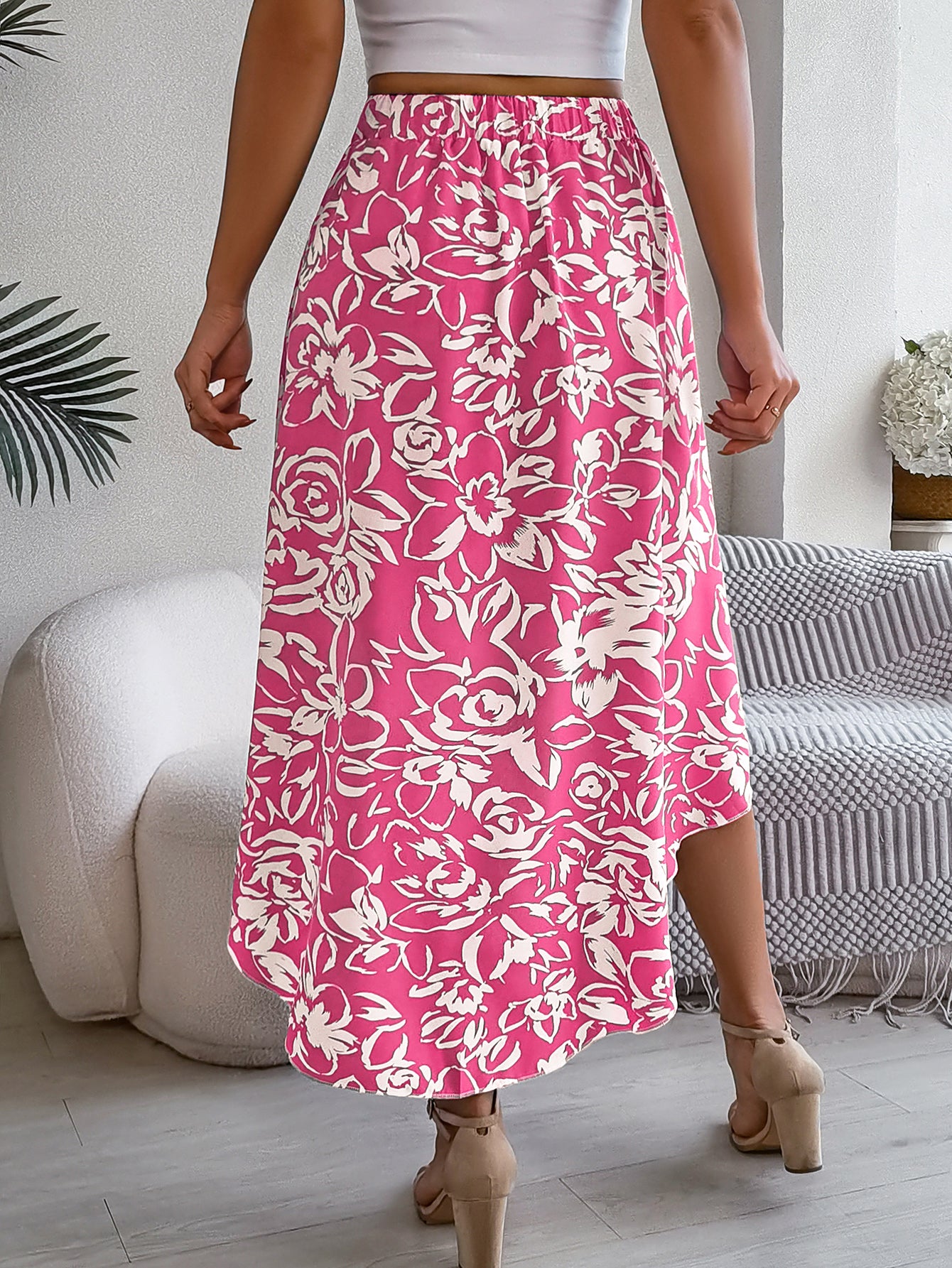 Women's Floral Print Ruffle Hem Midi Asymmetric Skirt