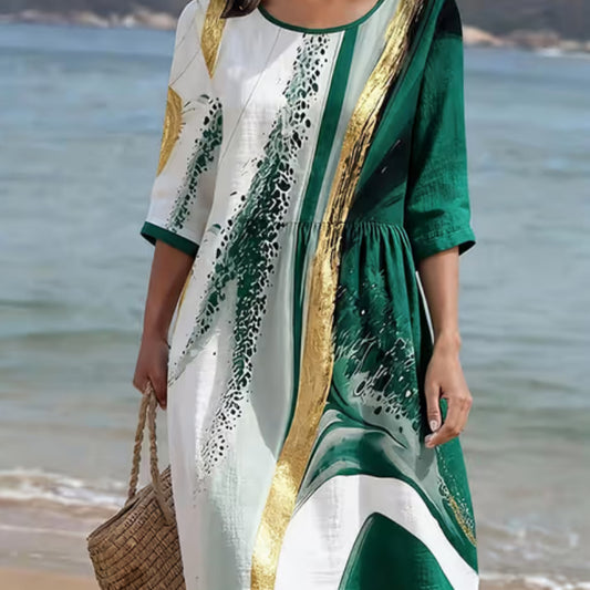 Women's Casual Round Neck Mid Sleeve Print Cotton And Linen Dress