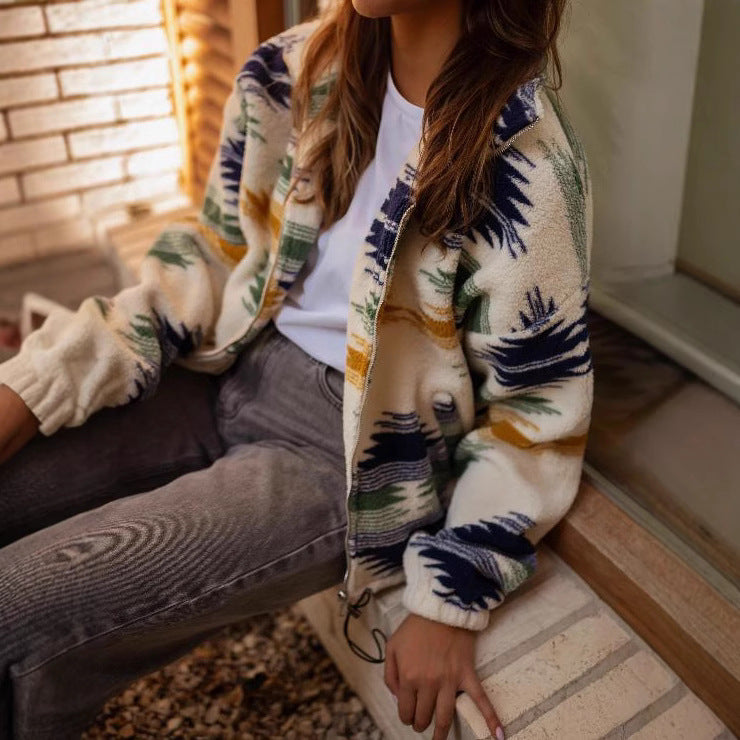 Fashion Printed Plush Coat For Women