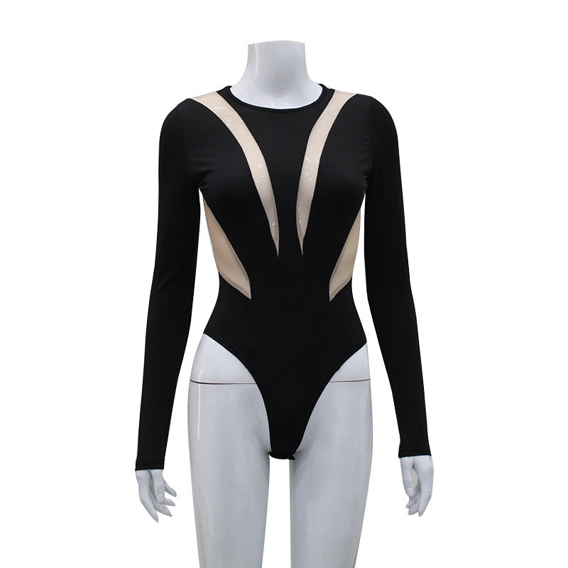 Long Sleeved Patchwork Motorcycle Sports Style Yoga Bodysuit