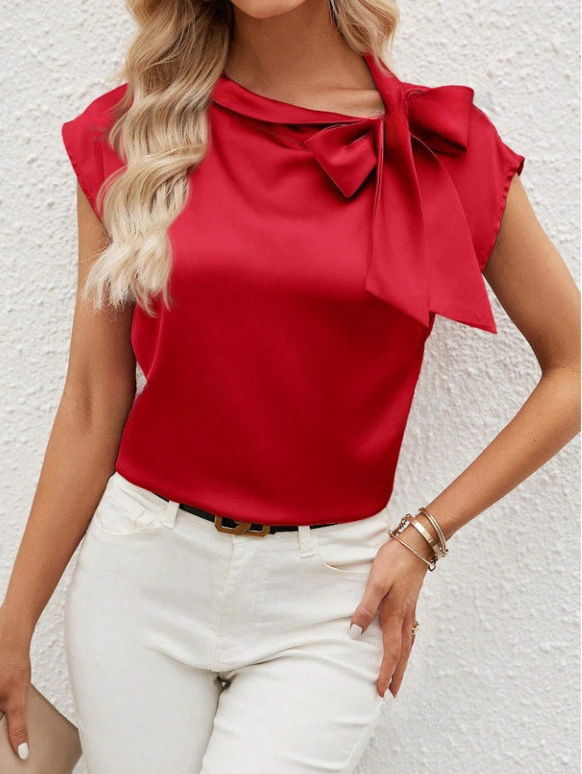 Half-open Collar Satin Top With Bow