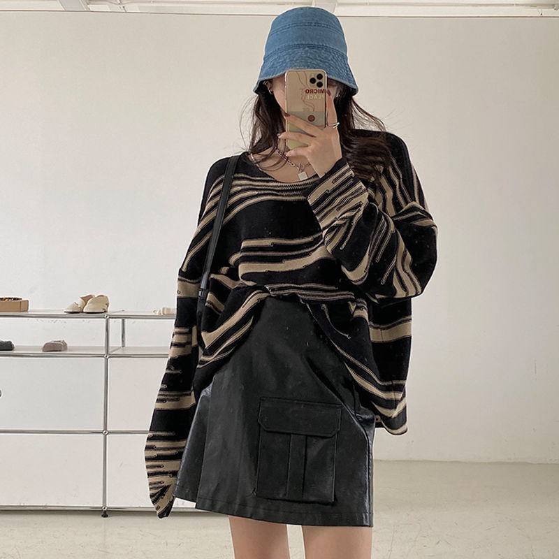 Dovne Strikvarer Tynd Dame Løs Stribet Sweater med Rund Hals