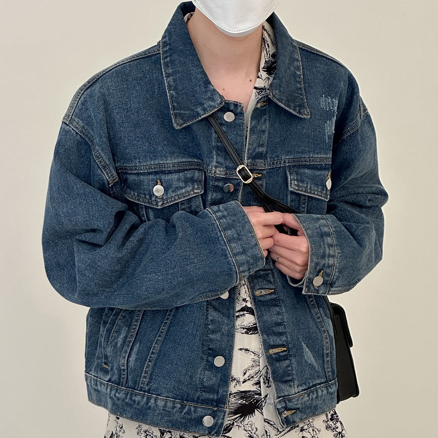Washed Blue Denim Jacket Men's Short Section