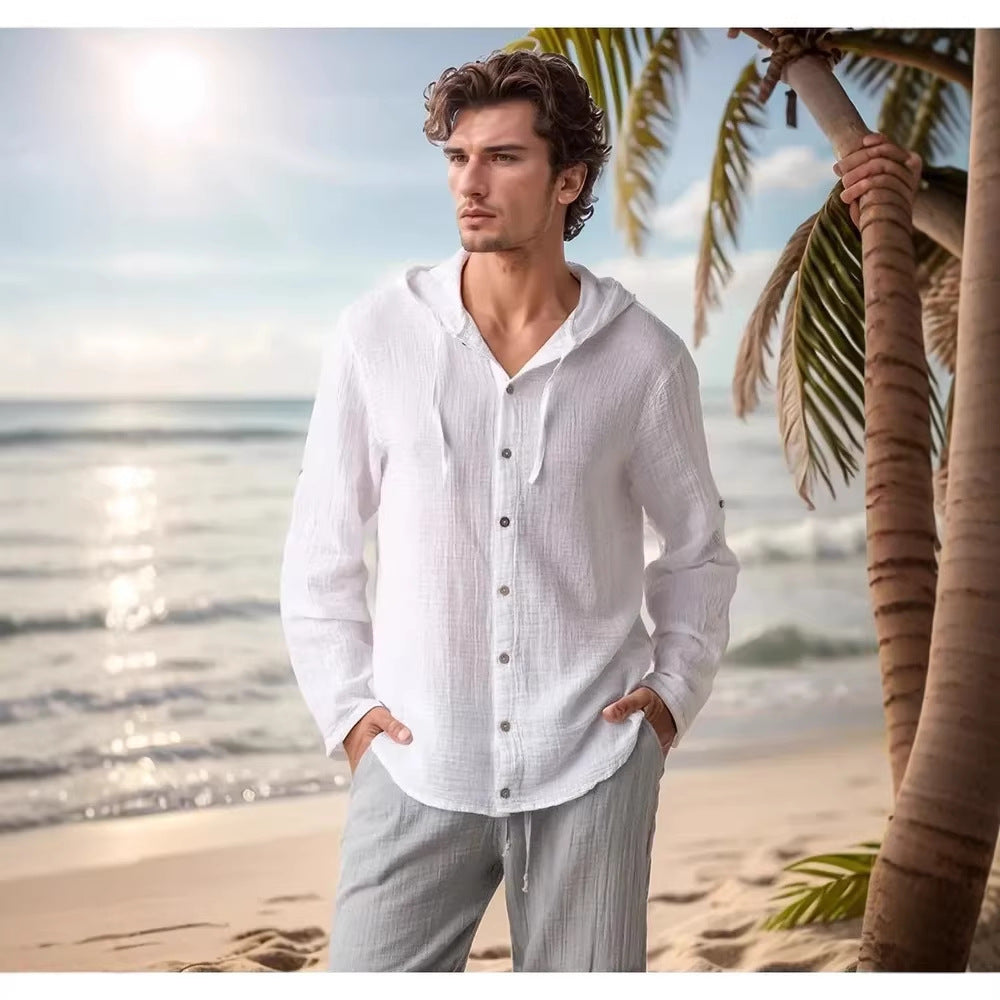 Men's Solid-Colored Long-Sleeve Cardigan Hoodie Cotton Shirt
