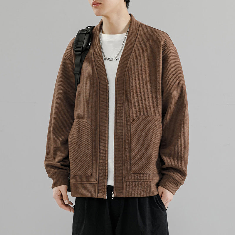 Mens Plus Size Solid Color Cardigan Zip Up Jacket