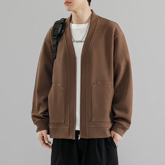 Mens Plus Size Solid Color Cardigan Zip Up Jacket