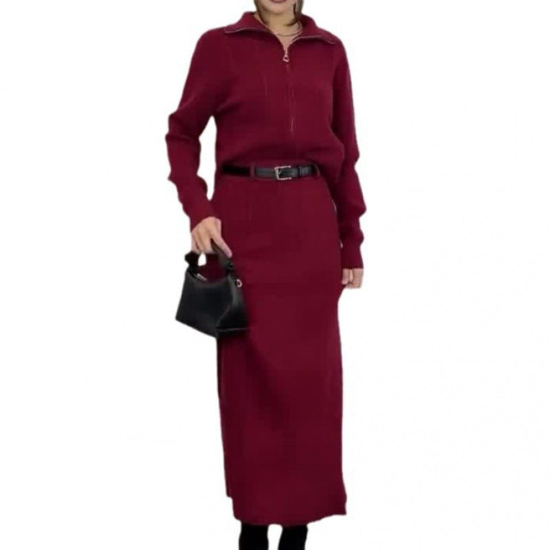 Solid-color Long-sleeve Zip-up Jacket And Skirt Fashion Set