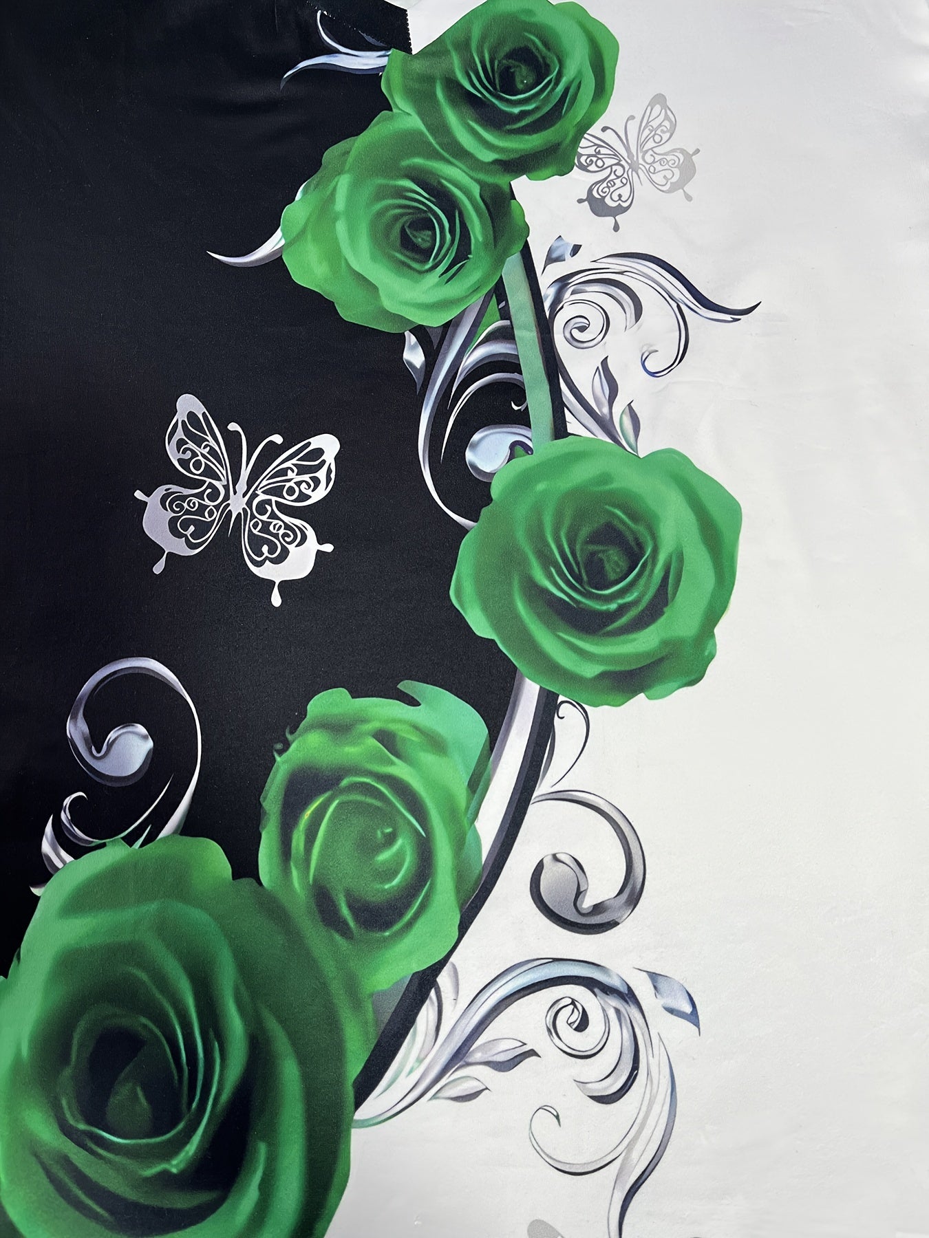 Elegant V-neck Rose Butterfly Printed Short Sleeved T-shirt