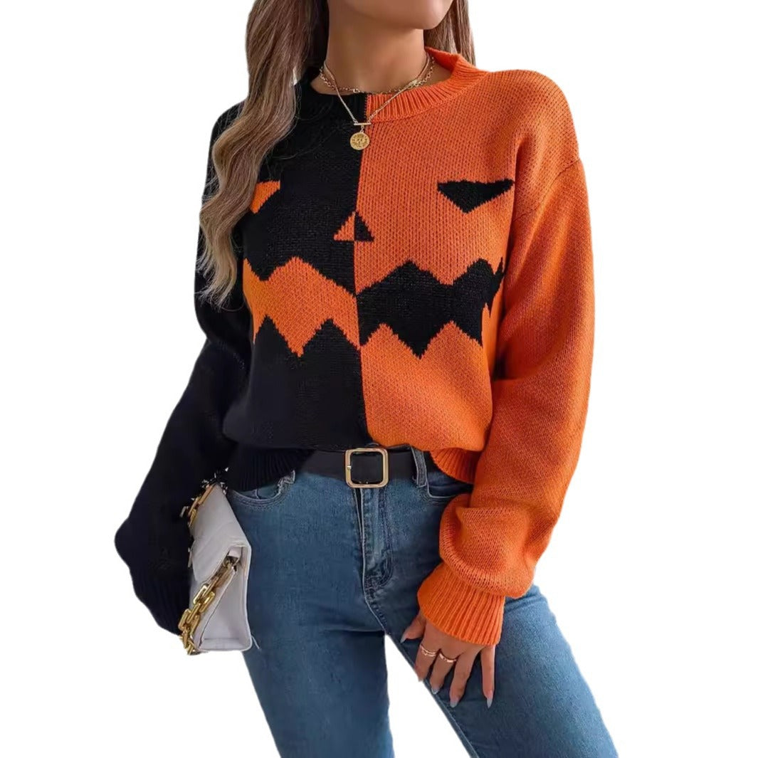 Ghost Pumpkin Contrast Color Long Sleeves Pullover