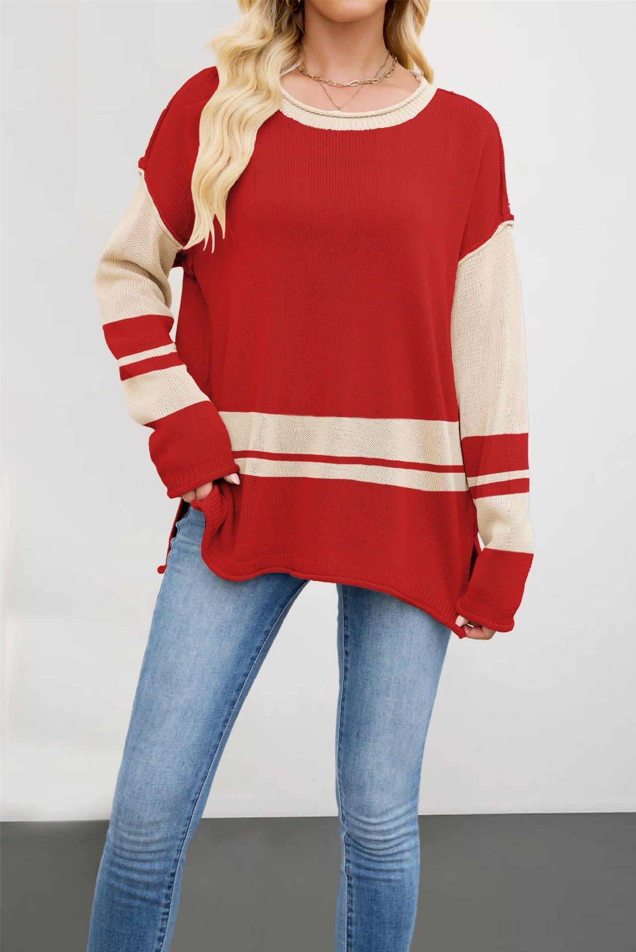 Color-block Crew Neck Loose Versatile Jumper