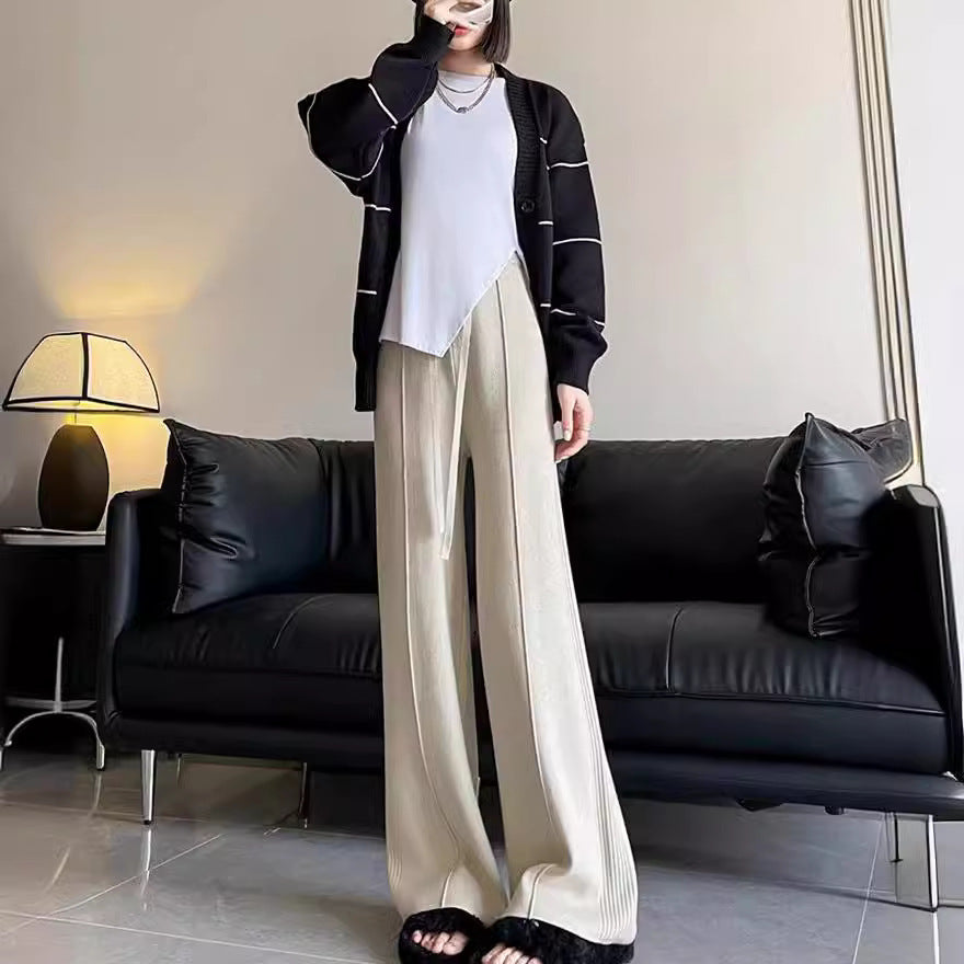 Sunken Stripe Knitted Wide Leg Women's Straight-leg Pants