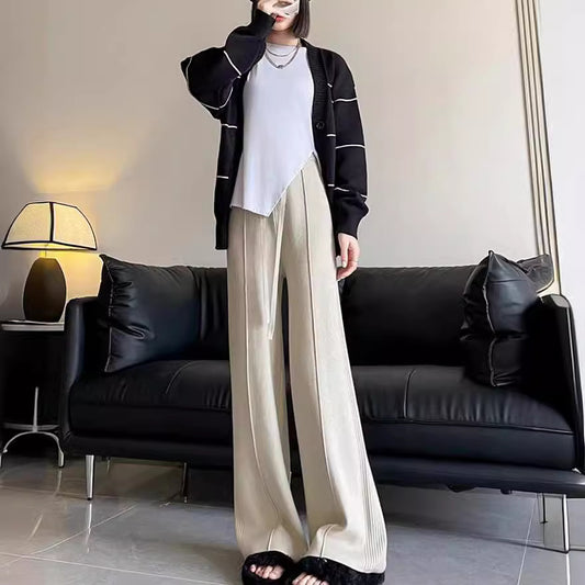 Sunken Stripe Knitted Wide Leg Women's Straight-leg Pants