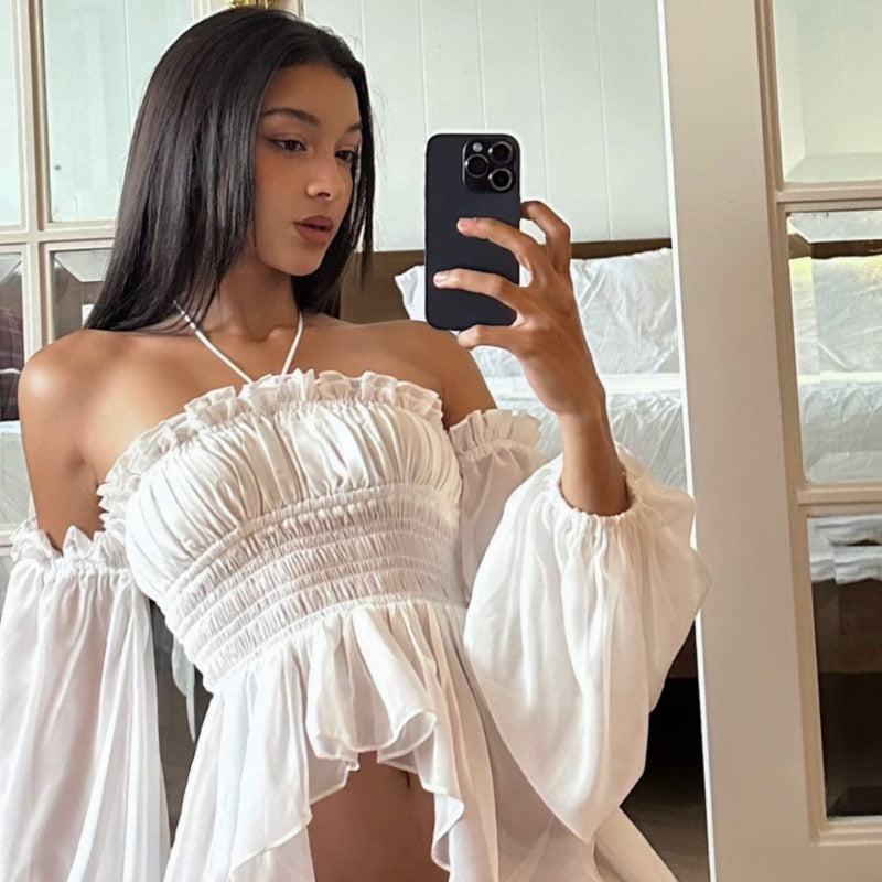 Off-shoulder Pleated Ruffled Slim Fit Lantern Long Sleeve Halter Top Women