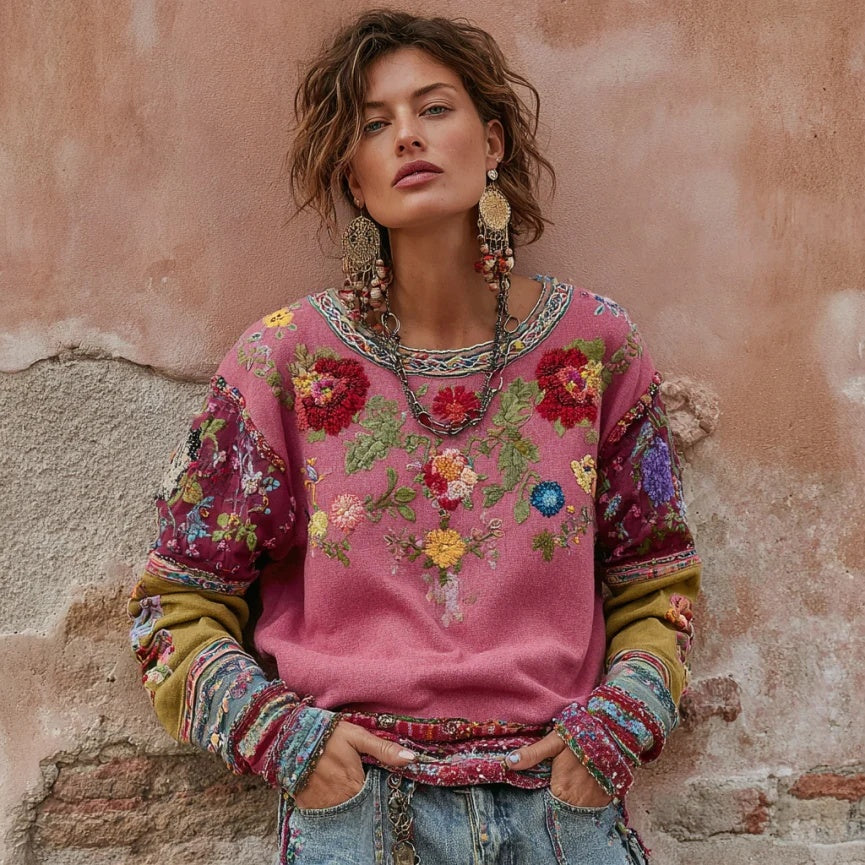 Womens Retro Printed Patchwork Crew-Neck Top