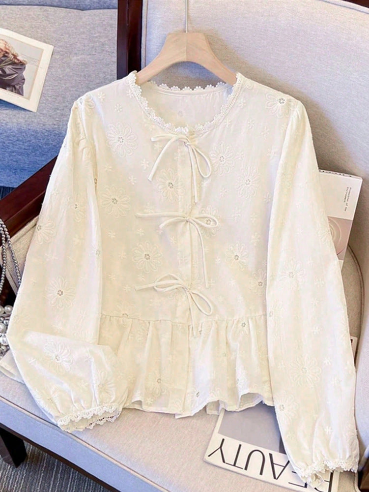 Korean-style Instagram-inspired Patchwork Lace Embroidered Long-Sleeve Womens Blouse