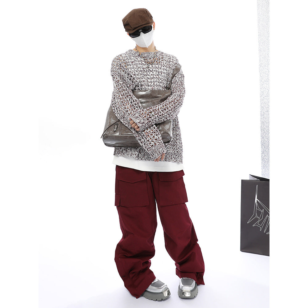 American Show Mixed Color Design Hollow Long Sleeve Sweater