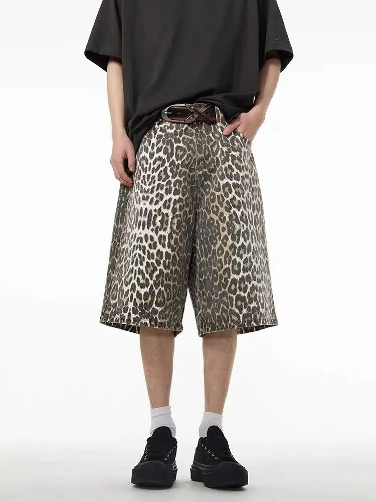 Retro High Street Leopard Print Denim Shorts