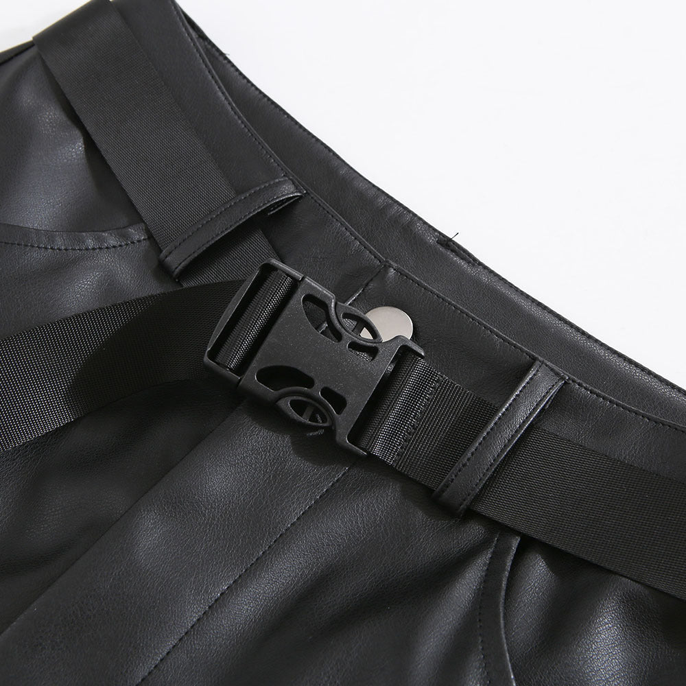 Women's Fashion Simple High Waist Straight Detachable Hole Leather Pants