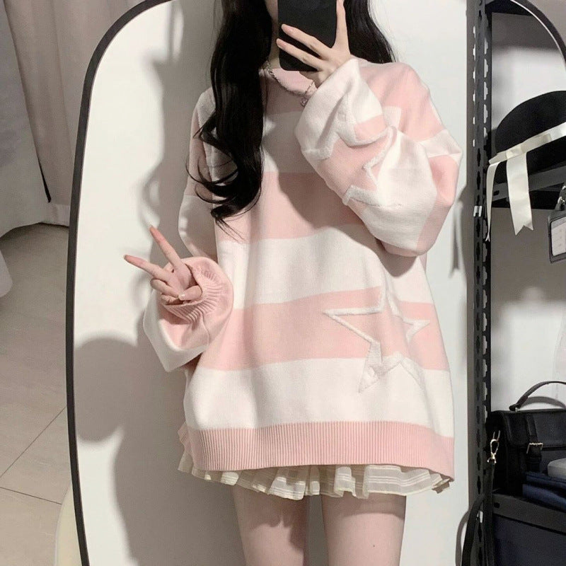 College Style Sweet Cute Stripes XINGX Sweater