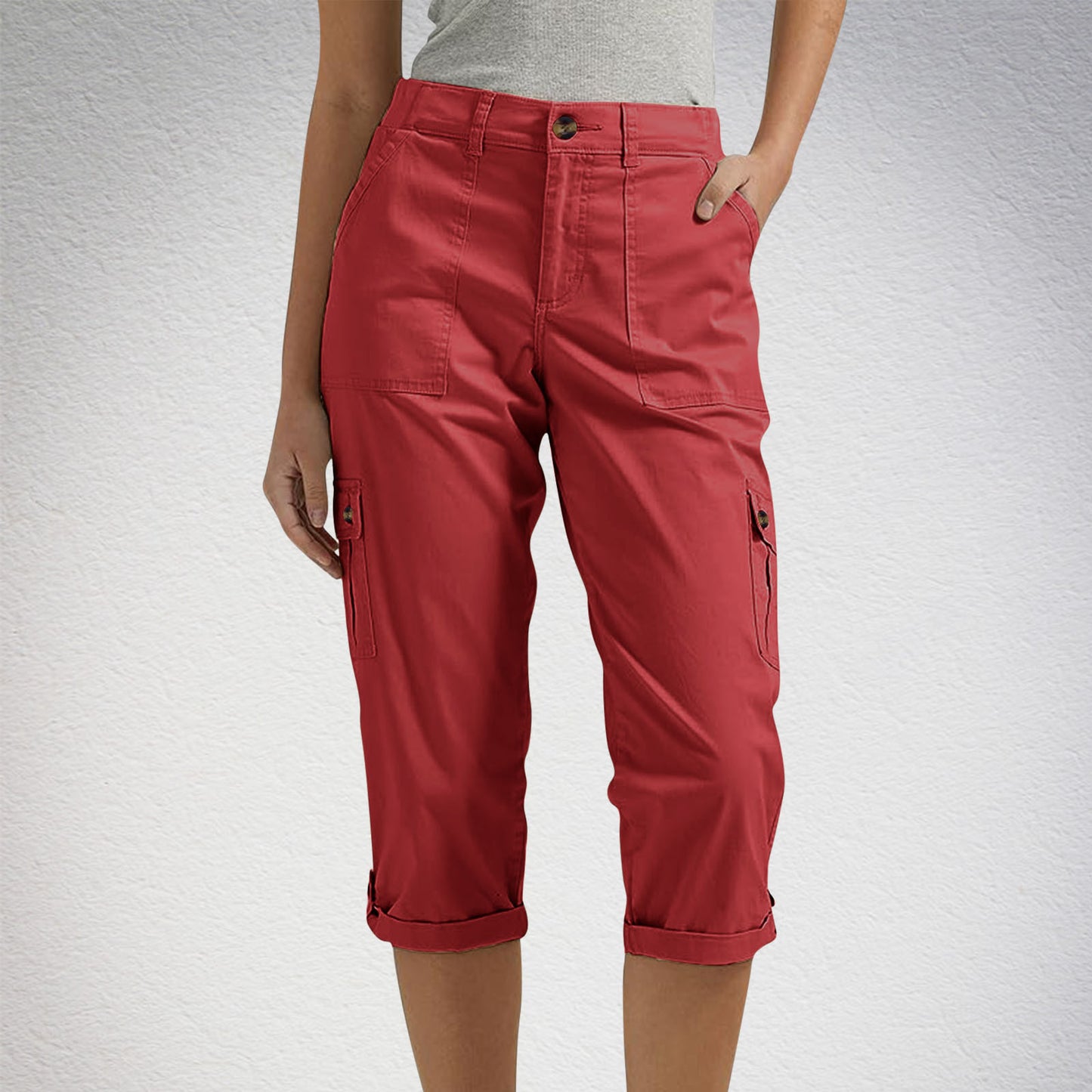 Solid-color Casual Cropped Pants With Multiple Pockets