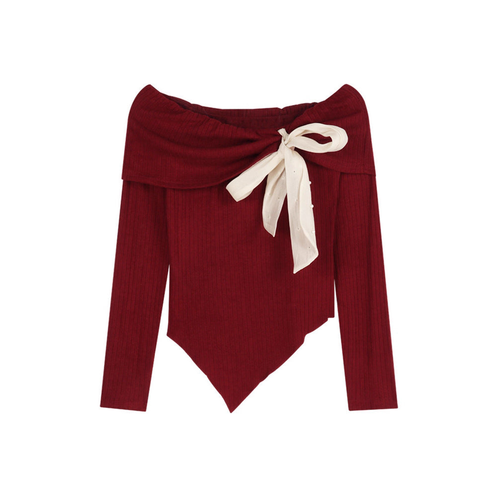 Bow Knitted Christmas Long Sleeve Red Sweater