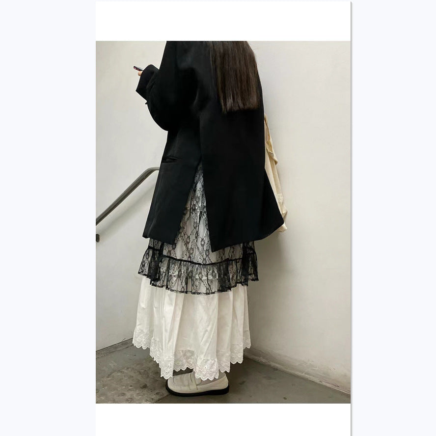 Spring White Lace Trim Tiered Skirt