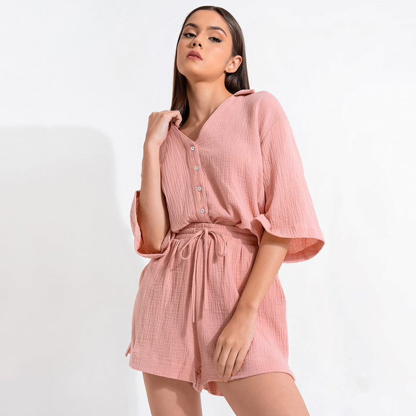 SpringSummer European And American Style Three-Quarter Sleeve Pajama Set With Loose Crepe Cotton Shorts