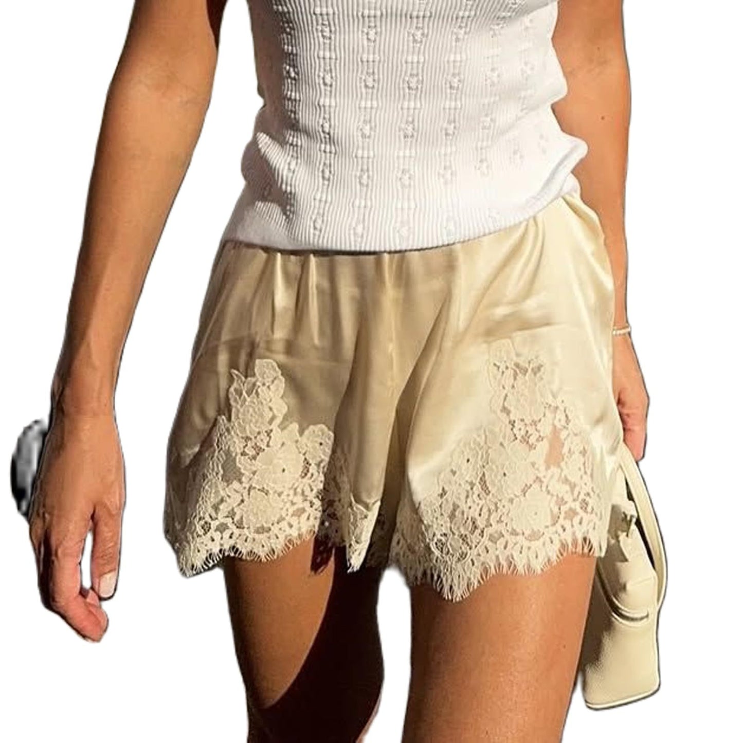 Womens Solid Color Simple And Versatile Satin Silk Lace Shorts