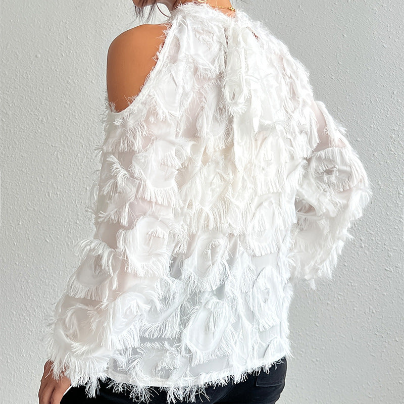 Fransk-inspireret langærmet off-shoulder bluse med frynser til hverdagsbrug