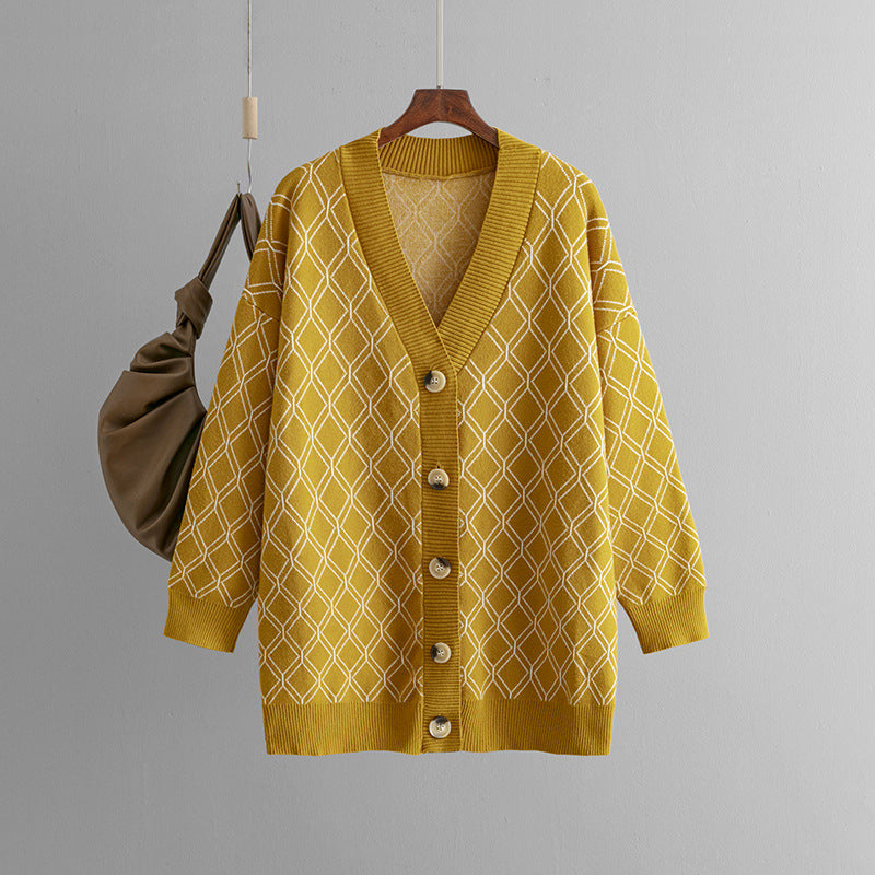 V-hals cardigan sweater Afslappet løs diamantternet sweaterjakke