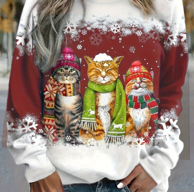 Cross-border Women's Christmas New Snowman And Cat Printed Long Sleeve Casual Loose-fitting T-shirt Christmas Supplies