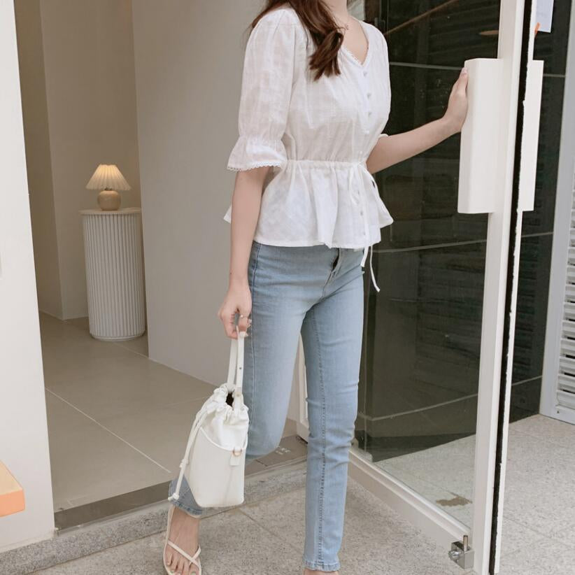 New Sweet Women'S Shirt V-Neck Waist Closing Lace Patchwork Shirt