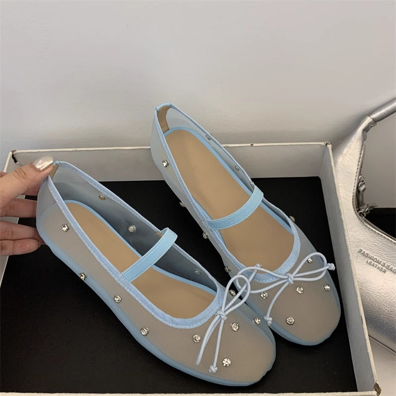 Summer Rhinestone-embellished Mesh Ballet Flats
