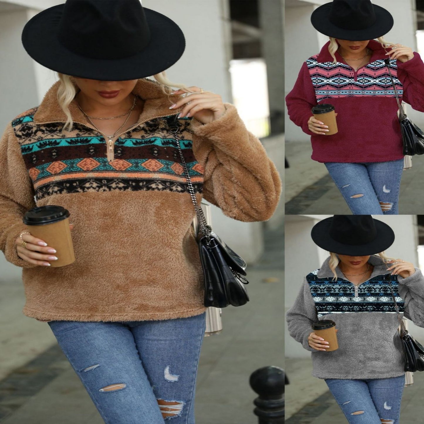 Ladies Loose Pullover Geometric Print Round Neck Plush Sweatshirt