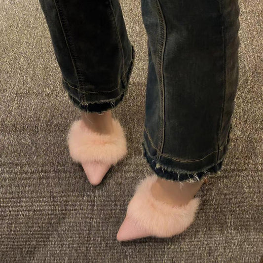 Furry High Heel Sandals Women's Wild French Pointed Fashion