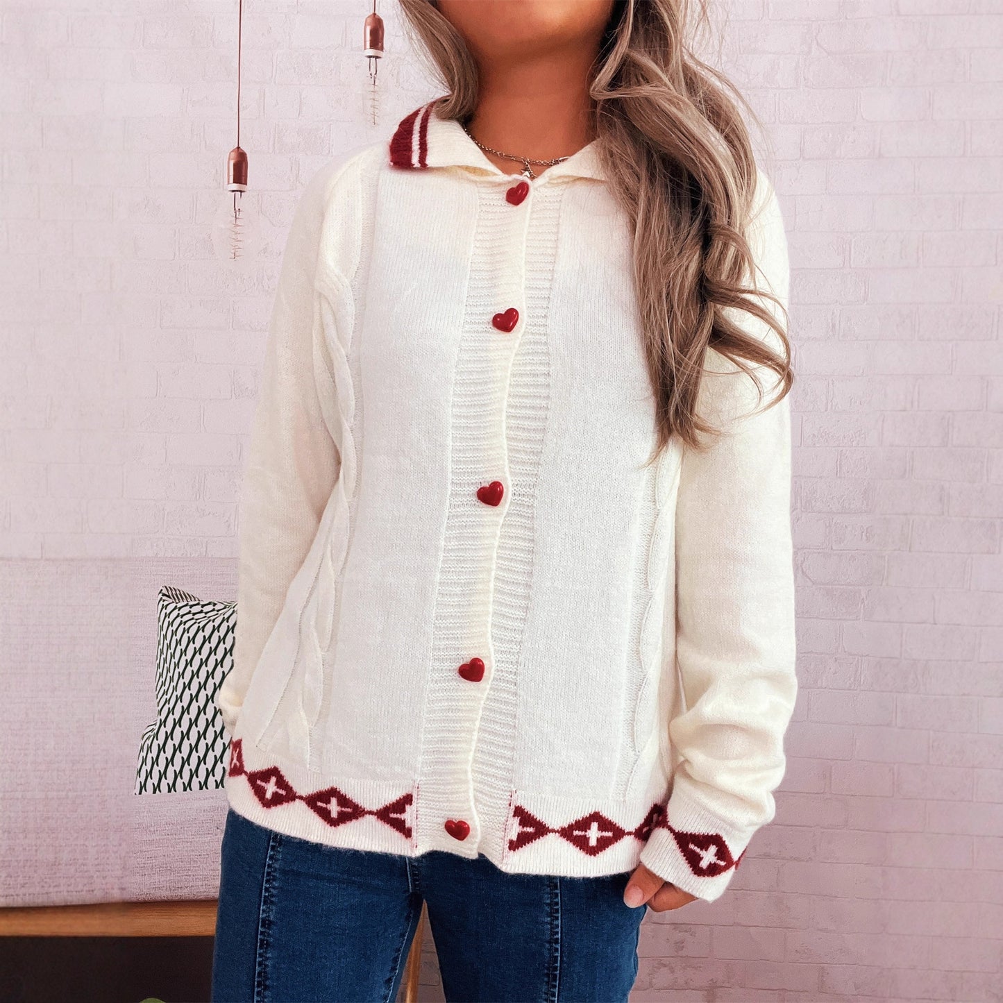 Retro Pattern Cute Love Button Lapel Long Sleeve Sweater