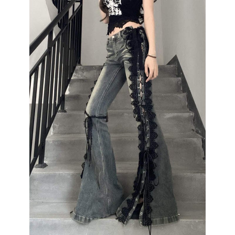 Vintage Plus Size Lace Strap Split Jeans