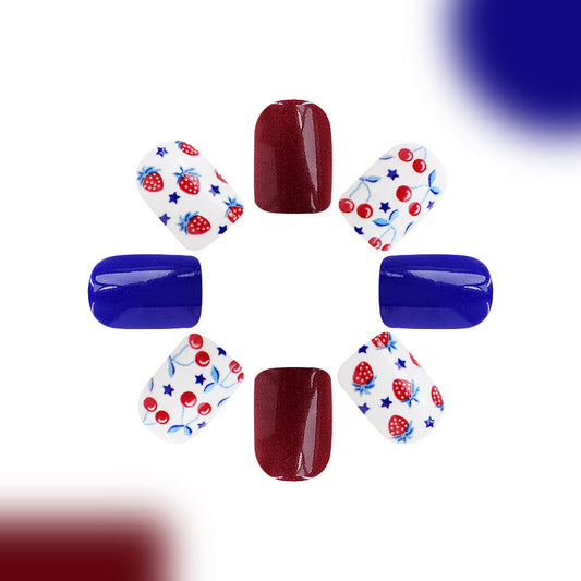 Short Glossy Red And Blue Combined Strawberry Cherry Independence Day Wear Manicure 24 Pieces