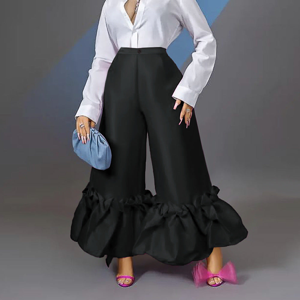 Women's High Waist Loose Ruffled Casual Wide Leg Pants